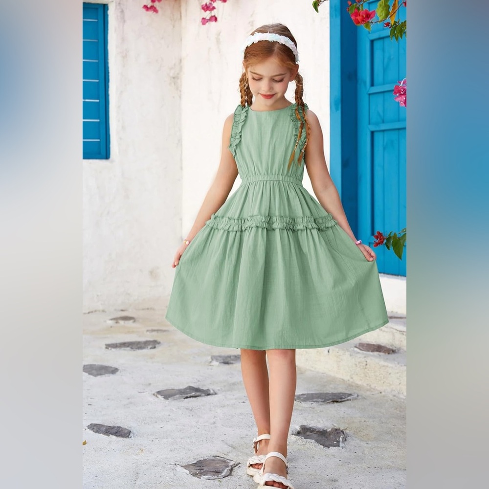 Grace Karin Light Sage Green Ruffle Cotton Blend Dress Party Photos -Kids Size 8